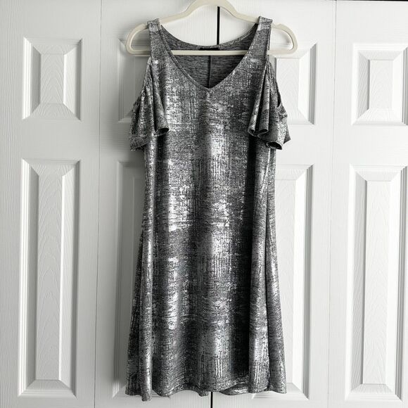 S. Levine Dress Size SSilver Metallic Foil Cold-Shoulder Mini - Picture 1 of 8